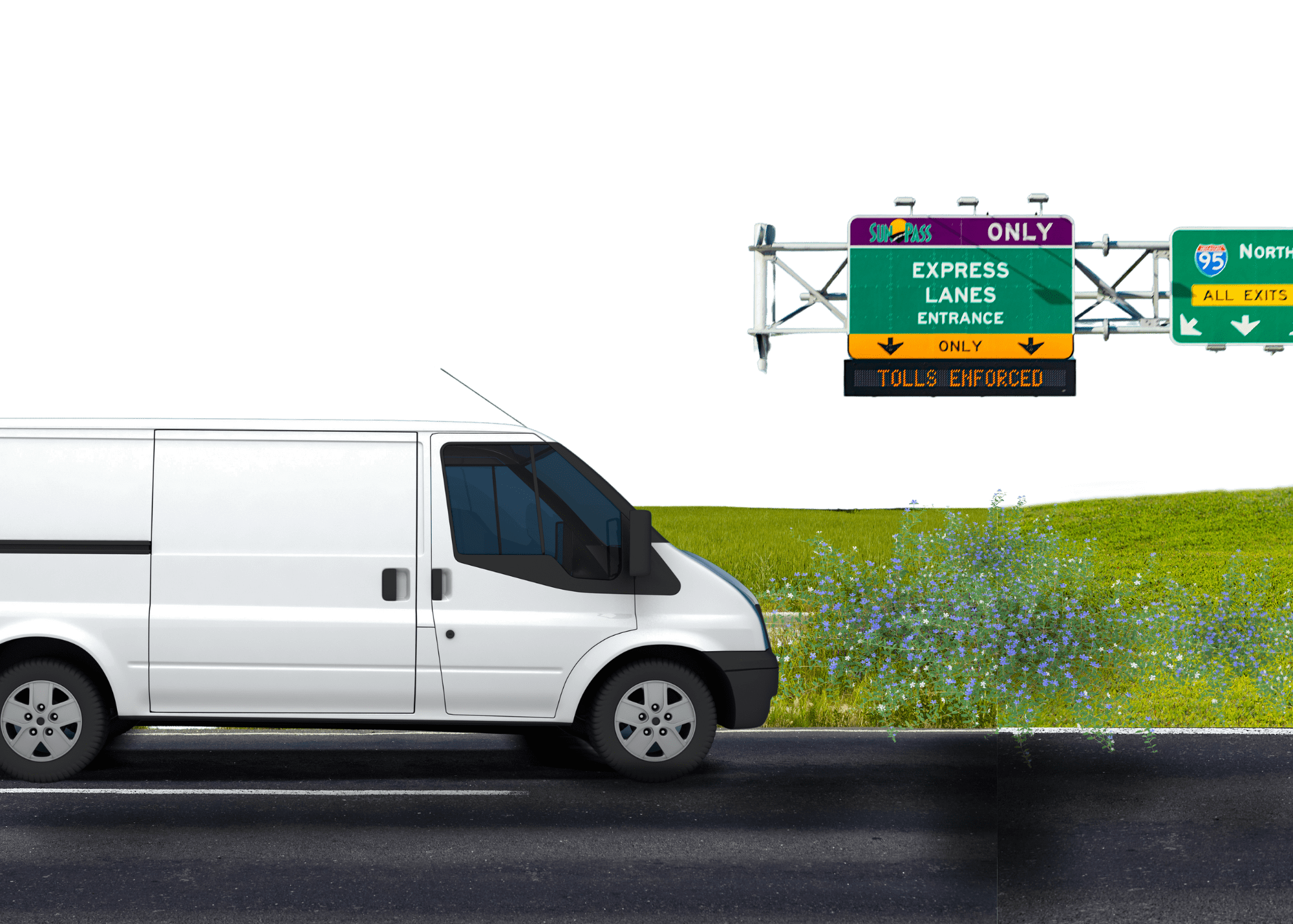 A white cargo van driving on a road with a sign reading 