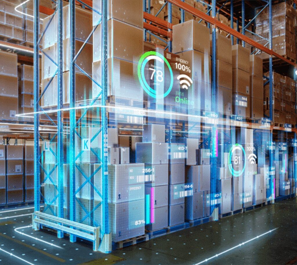 Warehouse aisle stacked with freight, overlaid with a digital tracking interface showing live shipment data